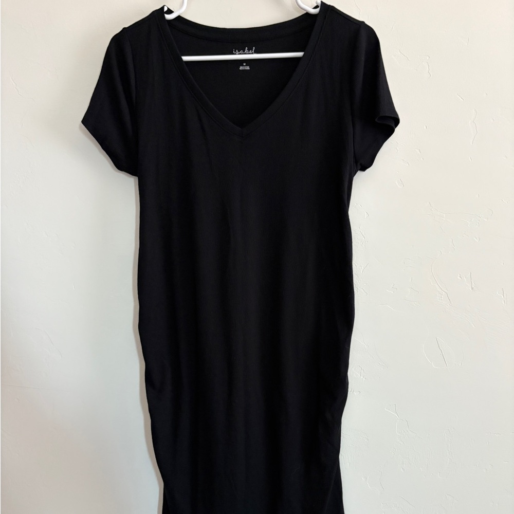 Black Stretchy Ribbed Short Sleeve Maternity Dress